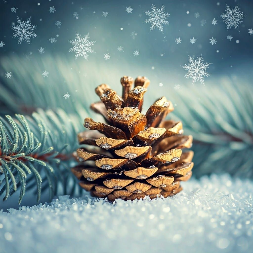 Golden Pinecone on Frosty Branches in Silvery Moonlight
