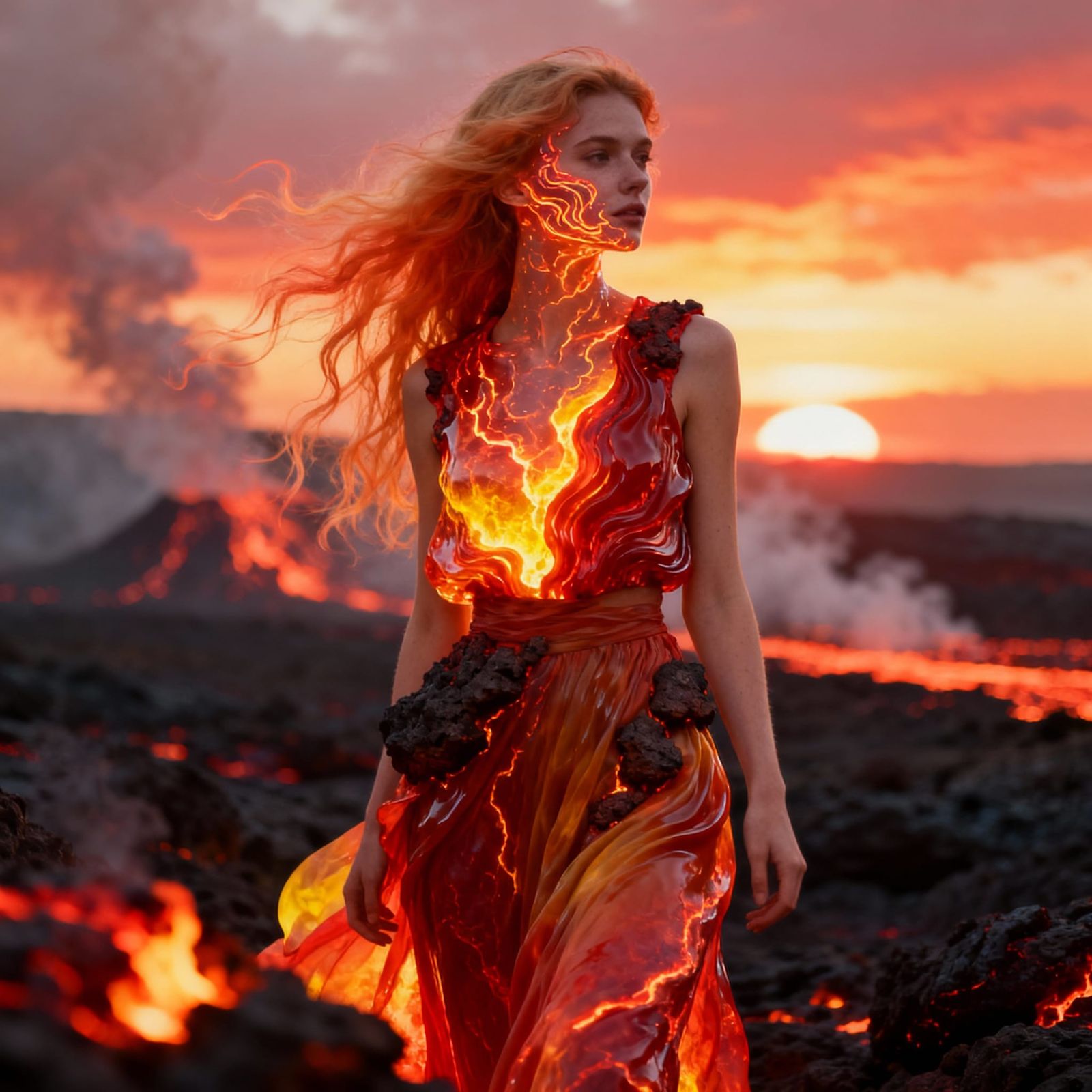 Ethereal Woman With Lava Face in Volcanic Landscape