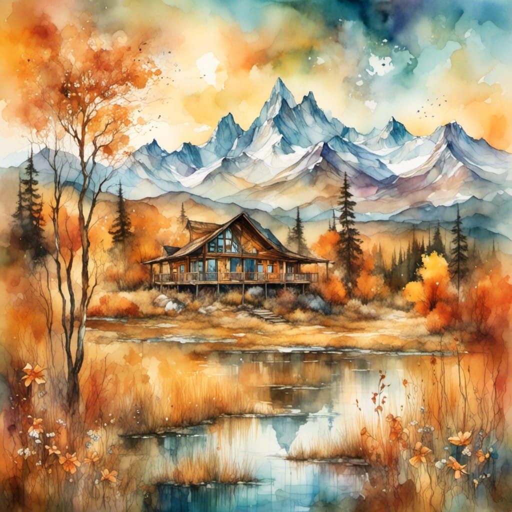 Surreal Autumn Meadow Lake Scene in Dali Style