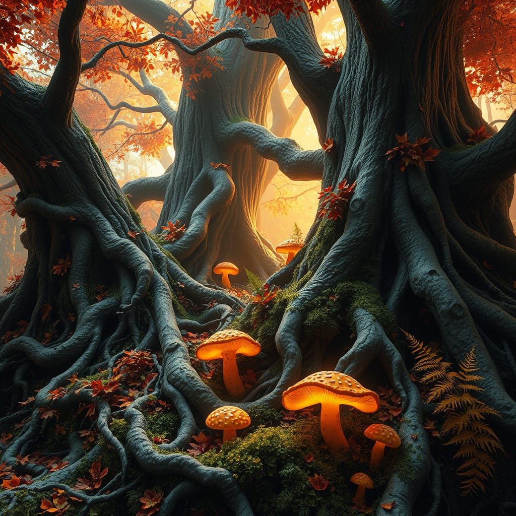 Surreal Roots Ensnared in Autumn Leaves