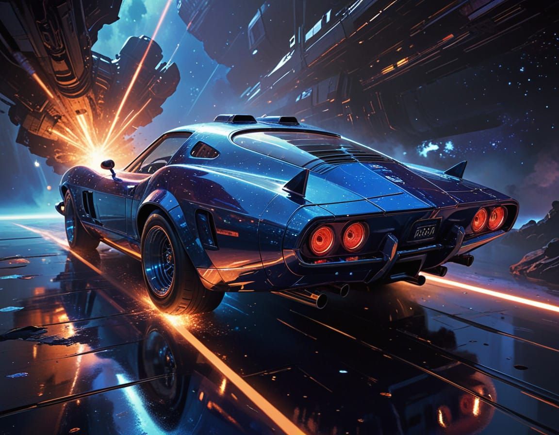 Cyberpunk Space Fighter in a Flickering Nebula Swirl