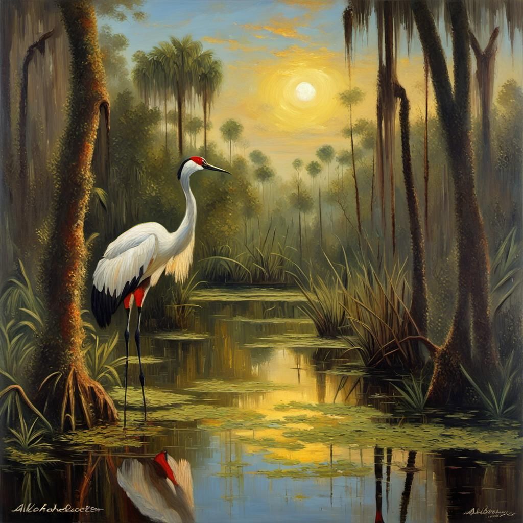 Everglades Crane in Impasto Landscape