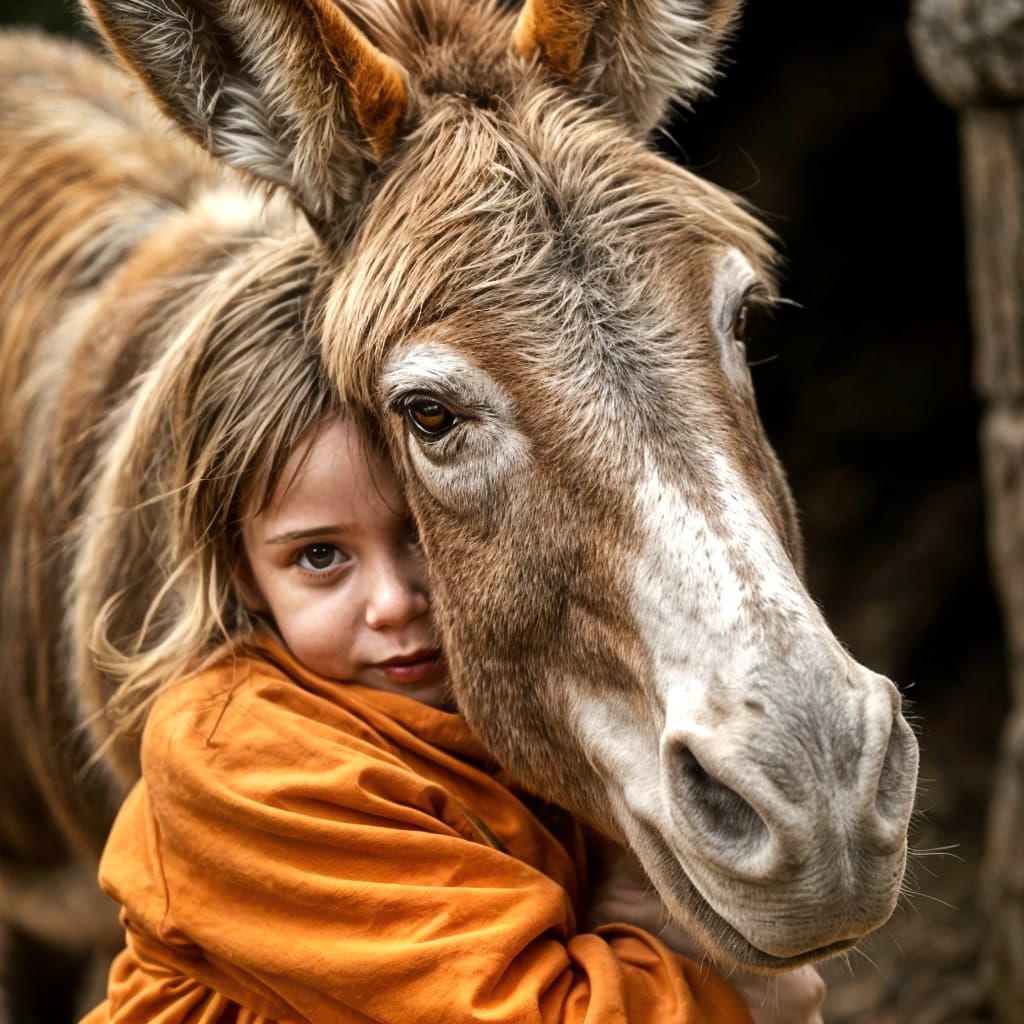 A Young Girl Cuddles a Gentle Old Donkey, Captured in Hyper-...