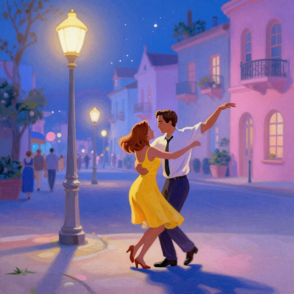 Dreamlike City Street Dancing Couple in Pastel Hues