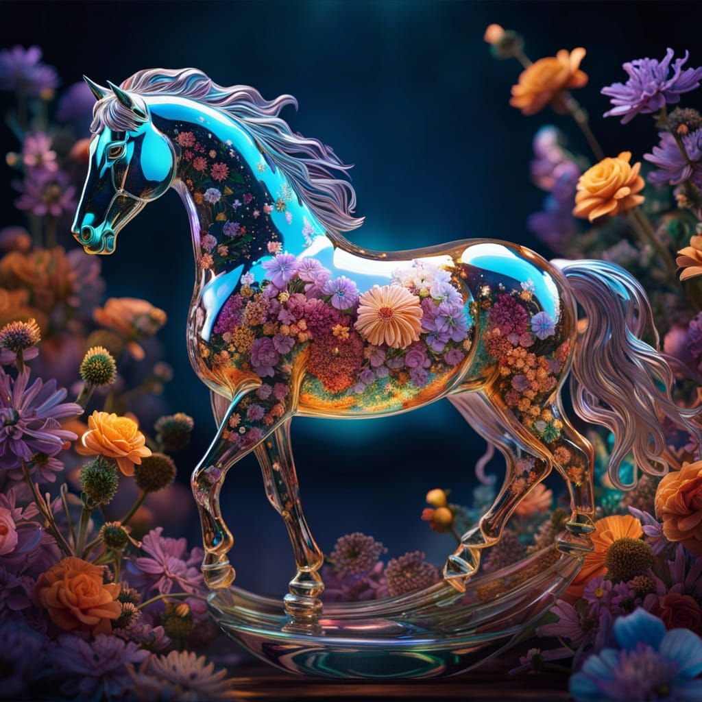 Glass Horse Running Through Flowers, Digital Illustration