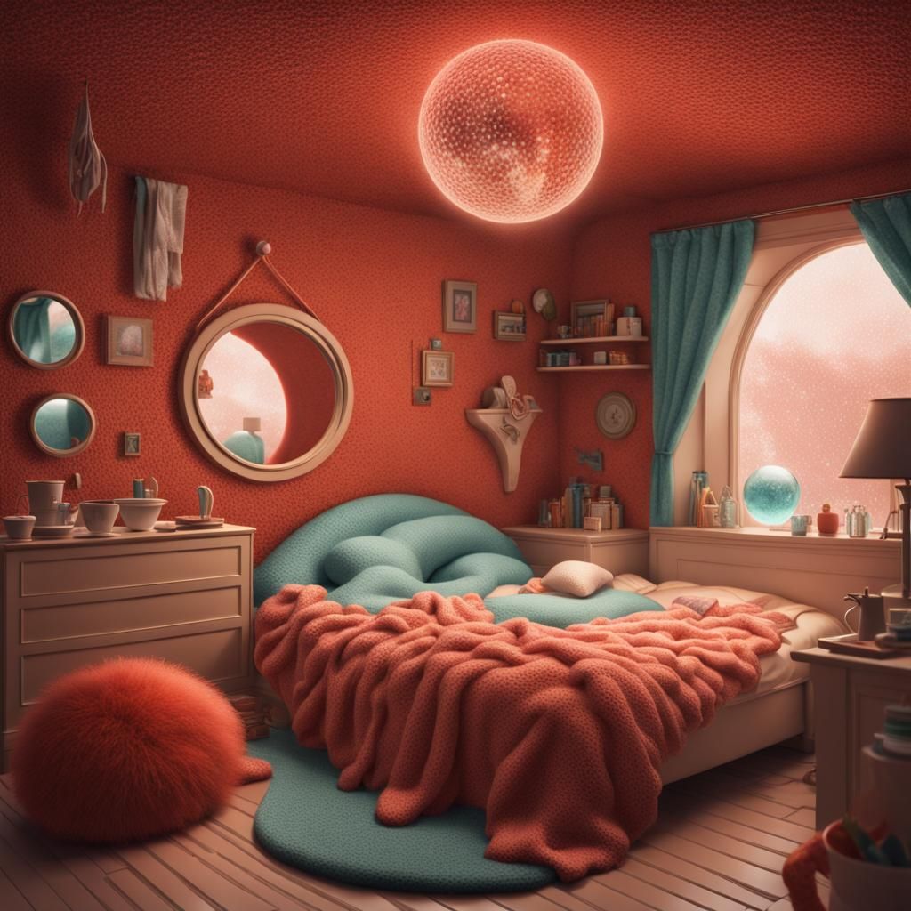 Surreal Home with Redhead in Pointillism Style