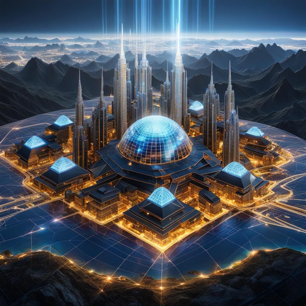 Atlantis Airship City on Mountain in Double Exposure