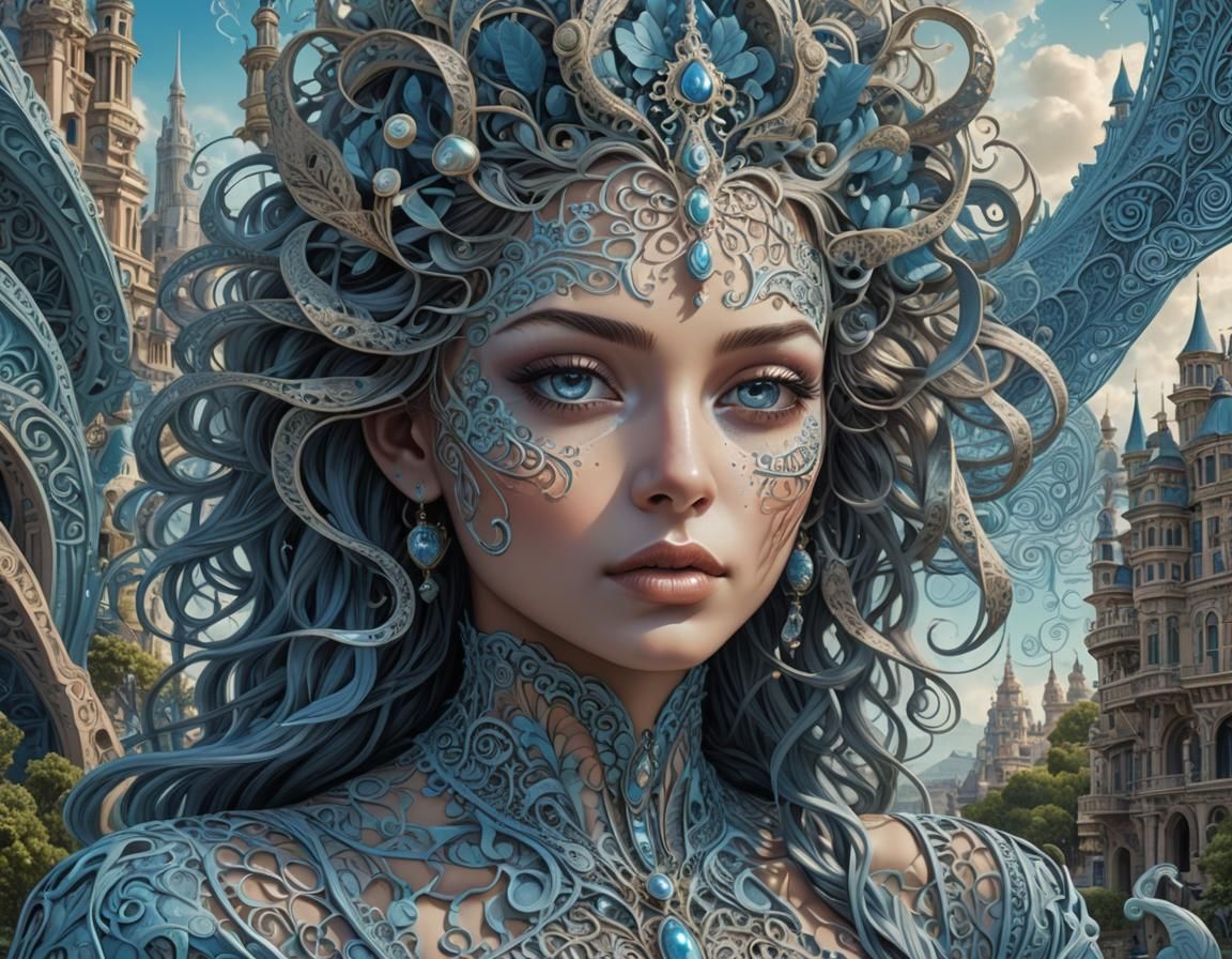 Mystical Cityscape Portrait with Zentangle Patterns