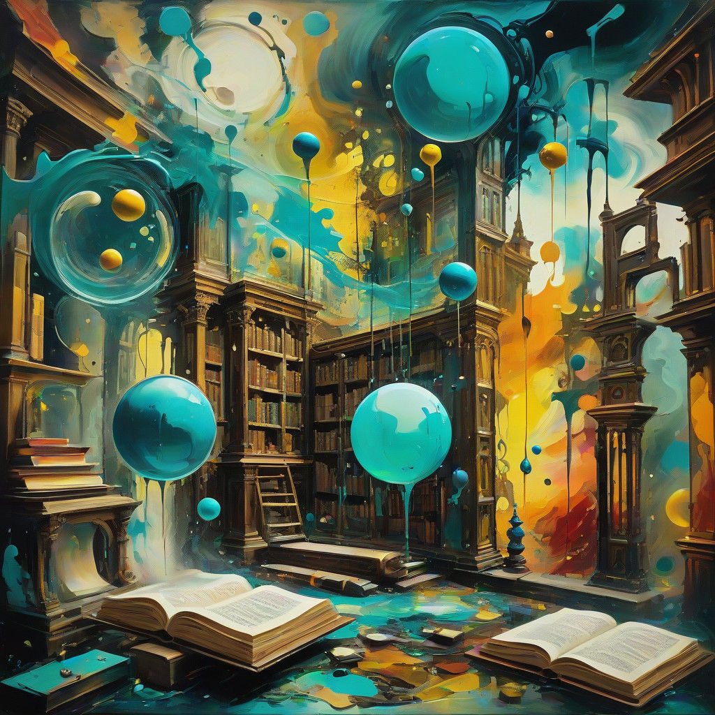 Surrealist Masterpiece of a Dreamlike Library in Muted Color...