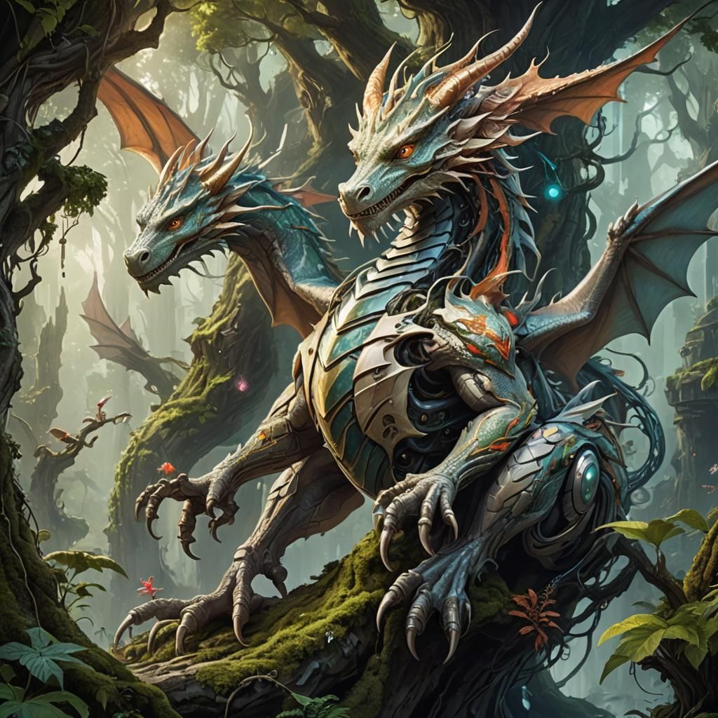 Biotech Dragons in Cybernetic Forest