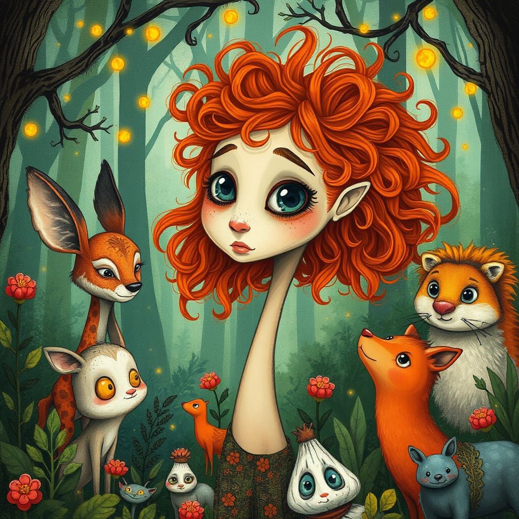 Whimsical Girl Surrounded by Talking Forest Creatures in a L...