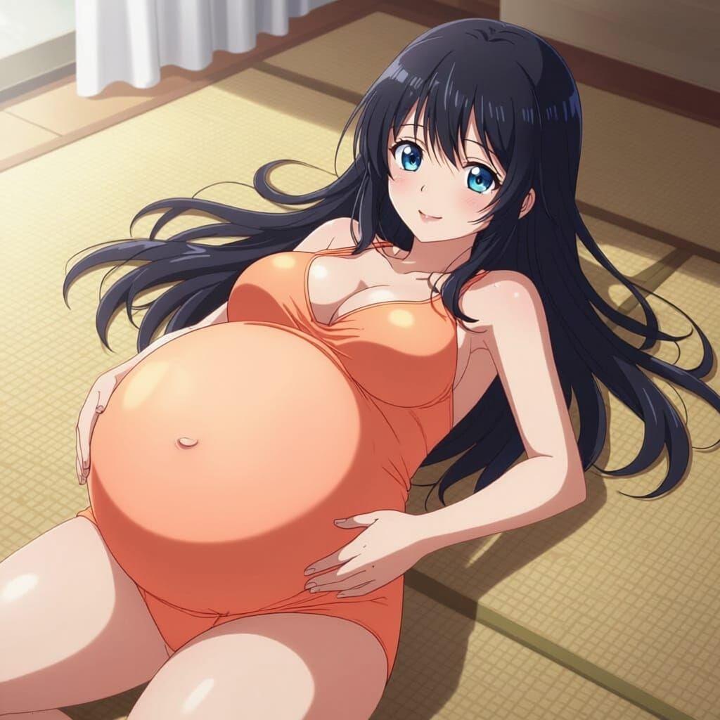 Anime Pregnant Woman in Blue Swimsuit, Large Belly