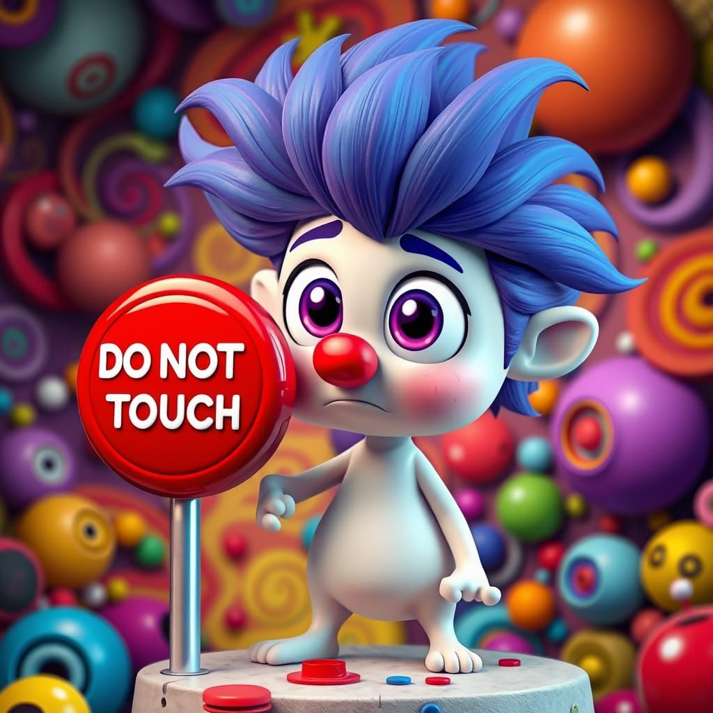 3d whimsical cartoon character hesitating nervously before a shiny red button labeled *DO NOT TOUCH*,
