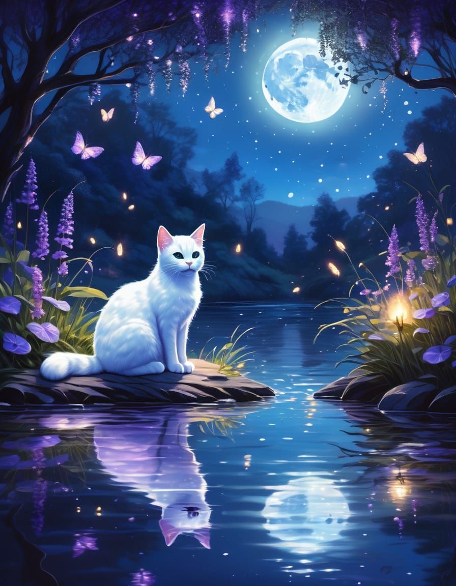 Magical White Cat by Moonlit River