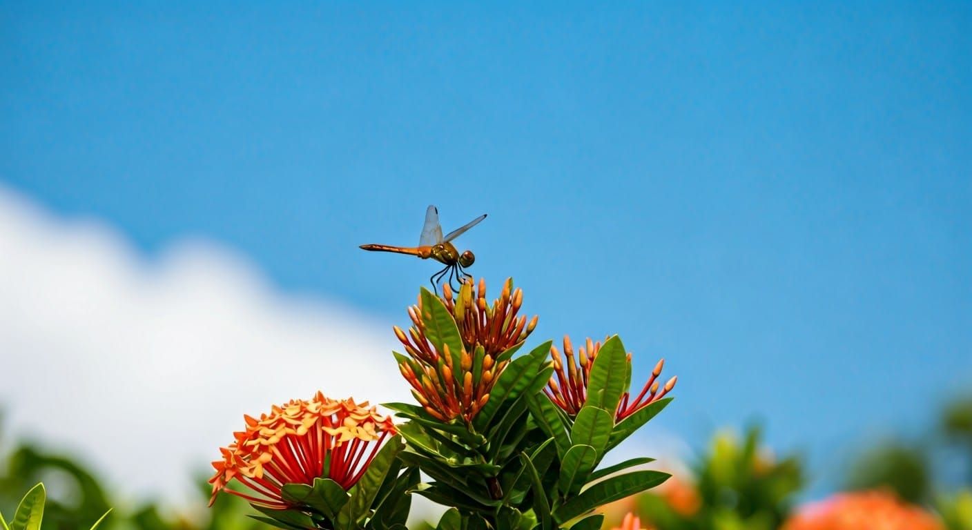 Dragonfly Resting on Ixora Bush: Professional Photography