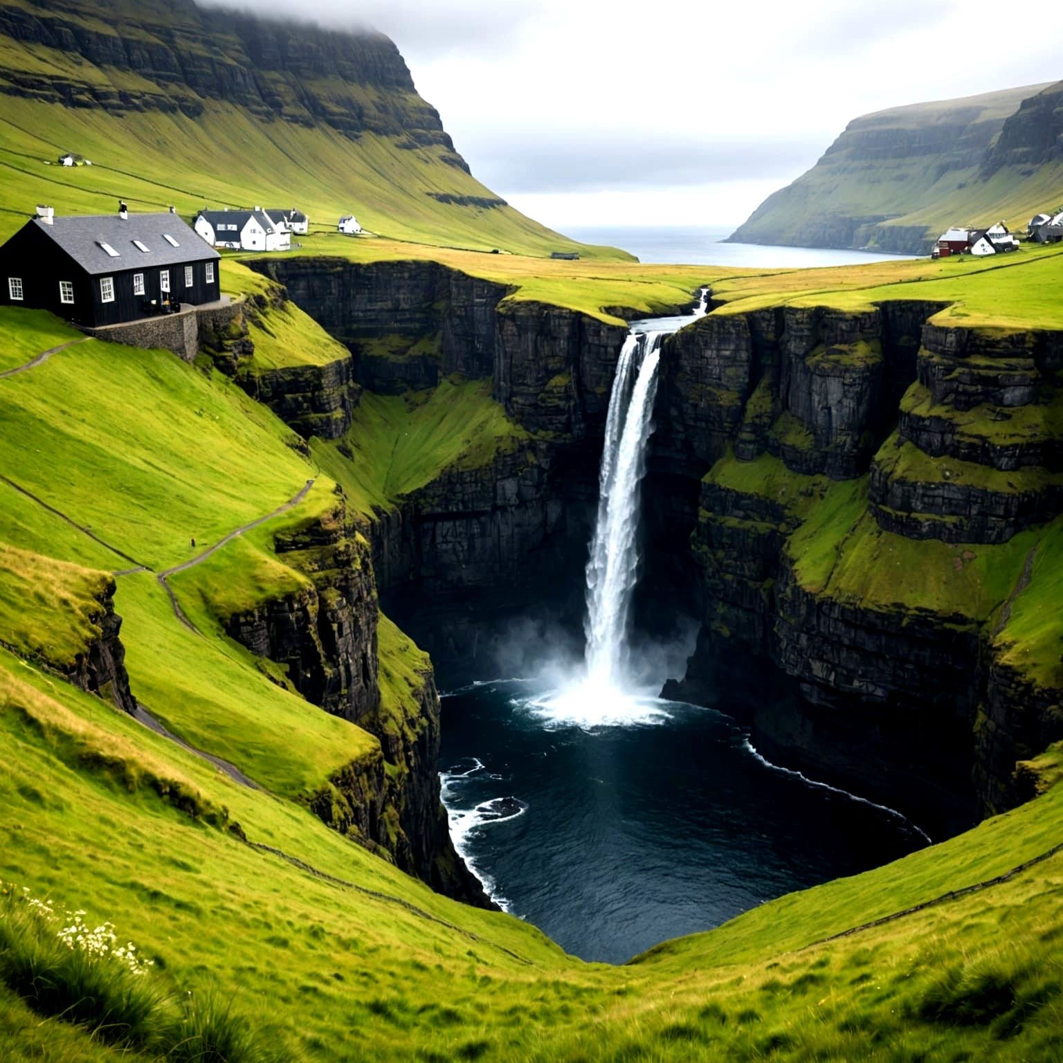 Faroe Islands Dramatic Coastline with Village and Waterfall