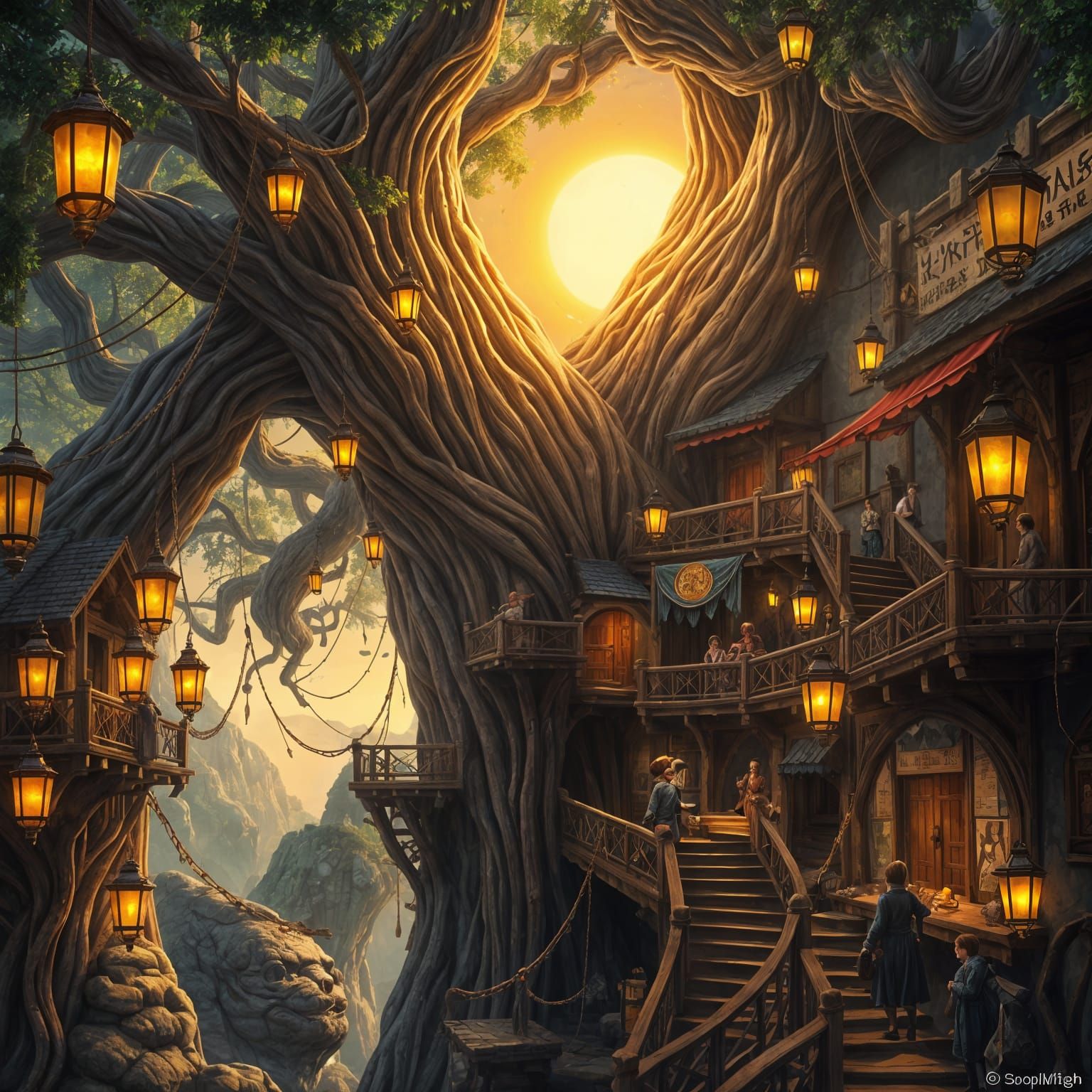 Tree Branch Marketplace in Maximalist Digital Painting