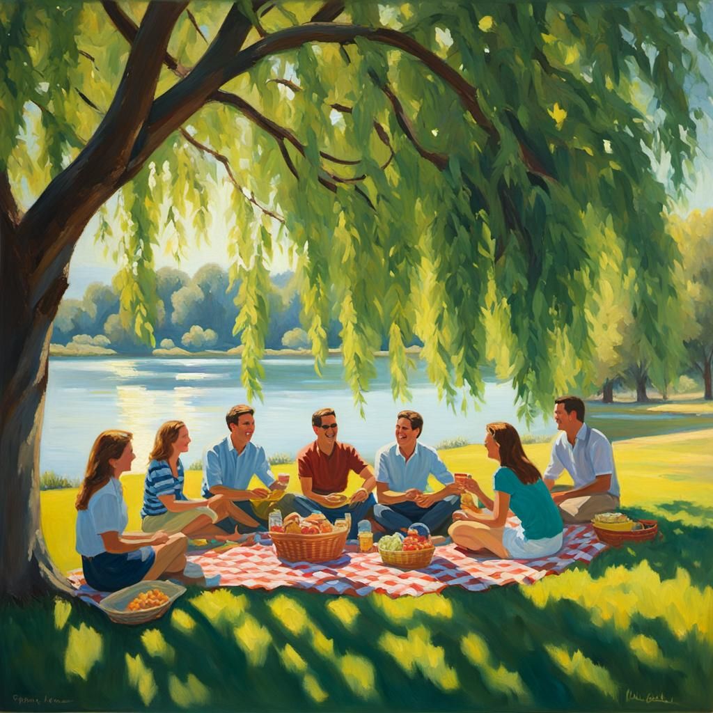 Tranquil Lakeside Picnic in Gouache Style