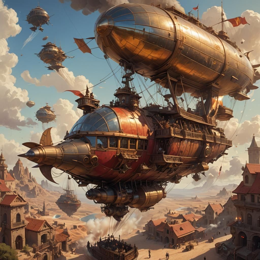 Steampunk Blimp Over Desert in Chalk and Ink Style