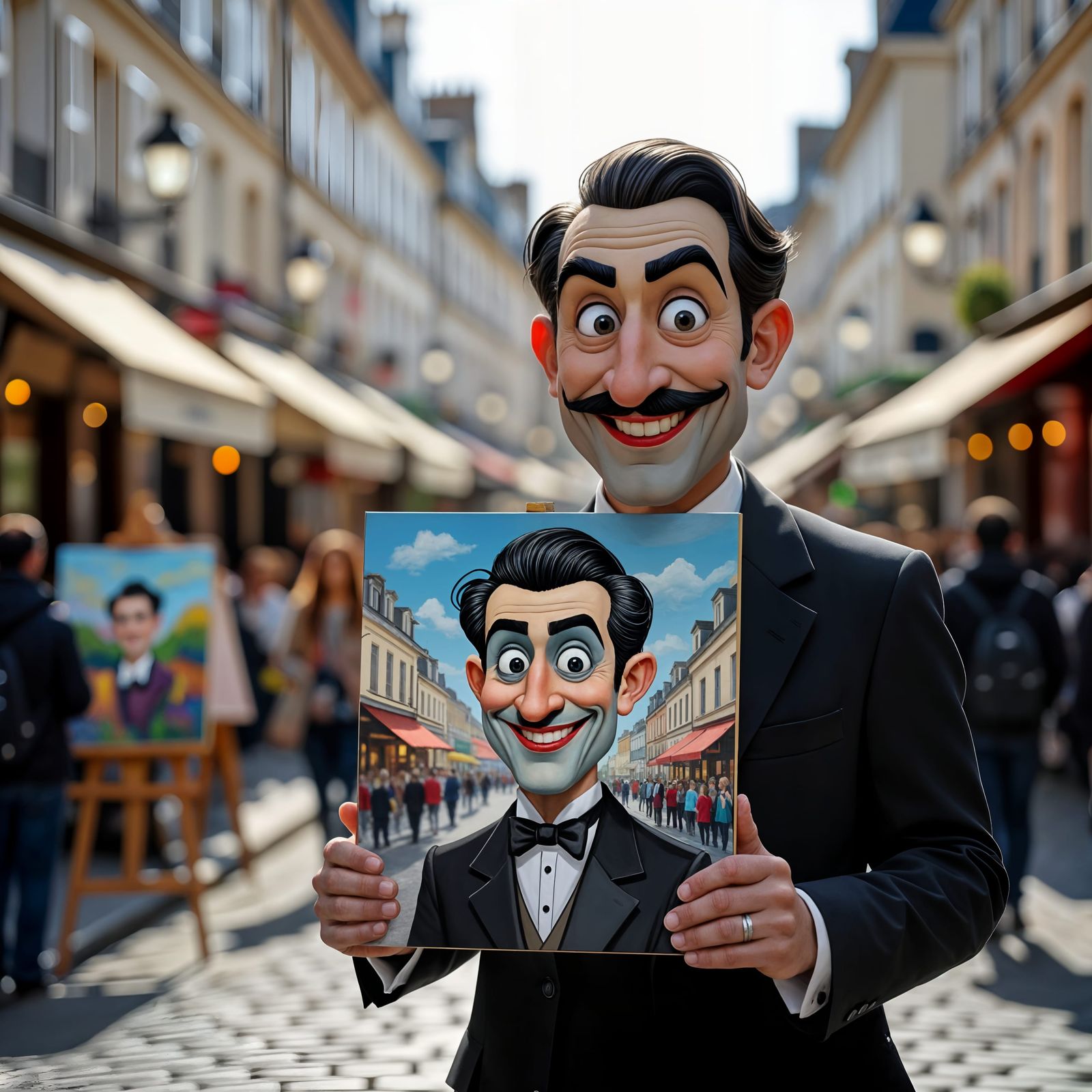 Parisian Artist Holds Vibrant Painting, His Face a Cartoon S...