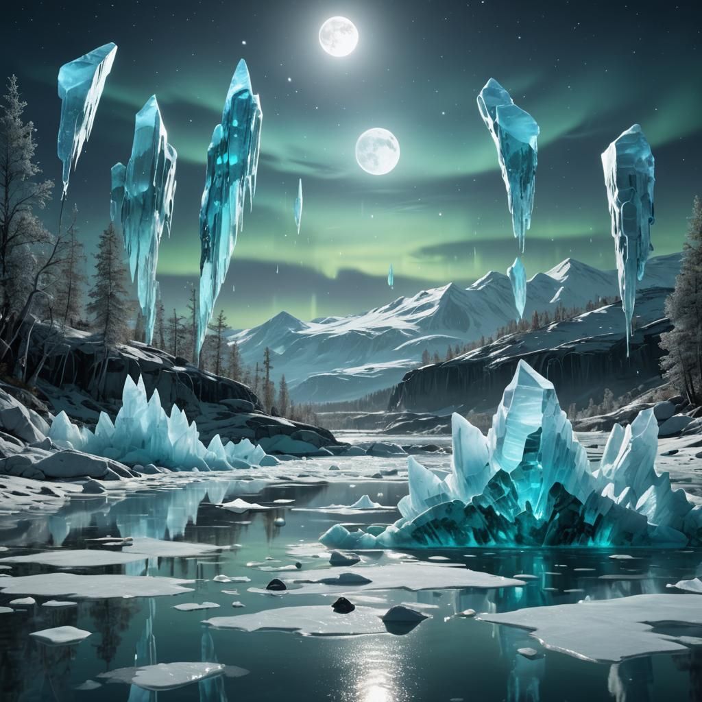 Mystical Lake with Bioluminescent Ice Shards