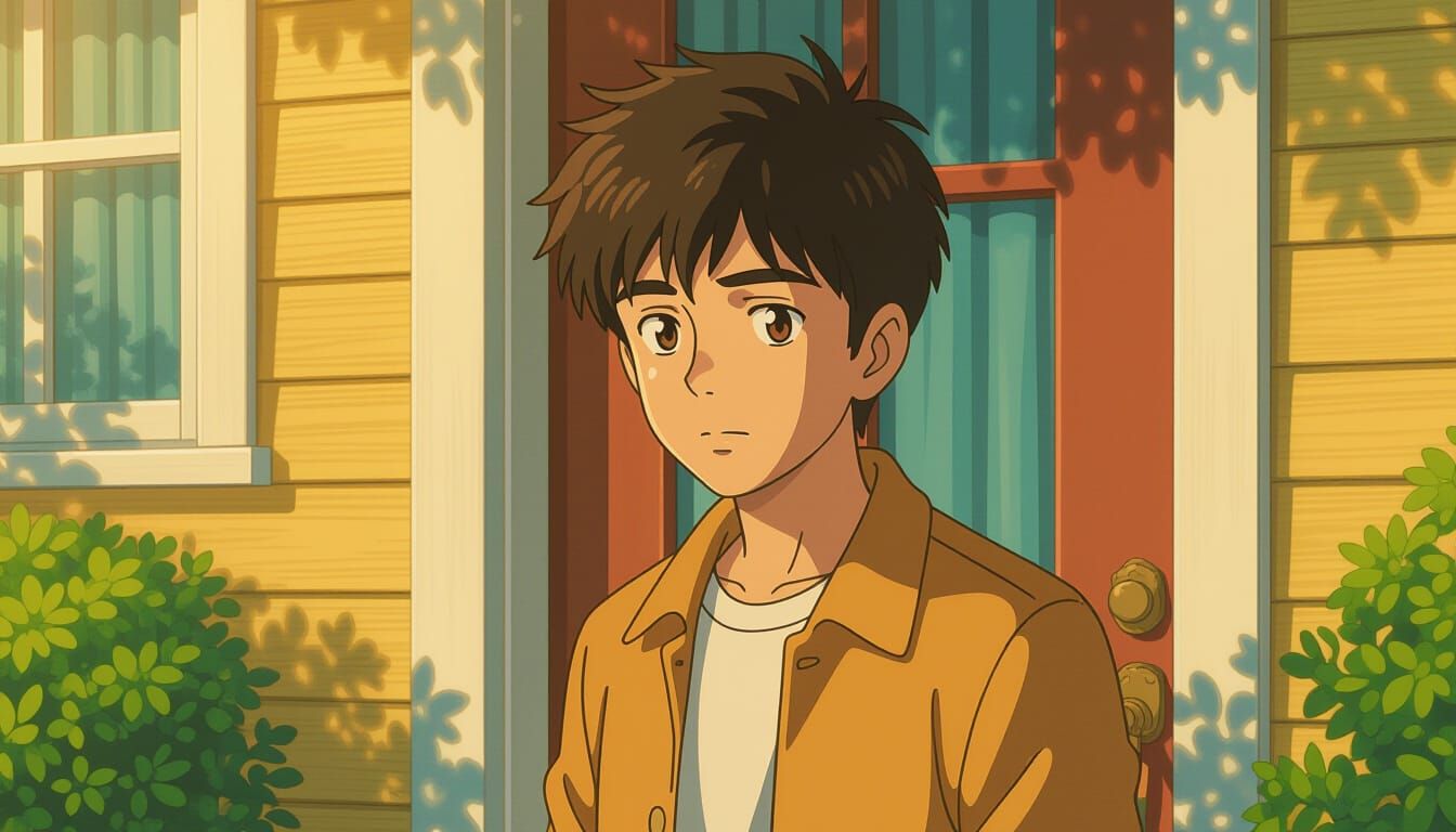 Teenage Boy at Doorstep, Anime Illustration Style