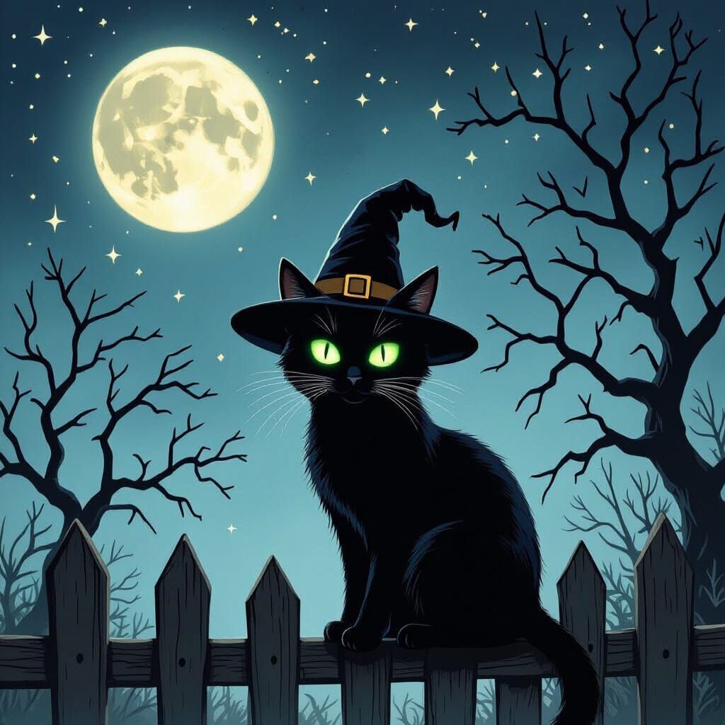 Halloween Black Cat on Fence with Witch Hat