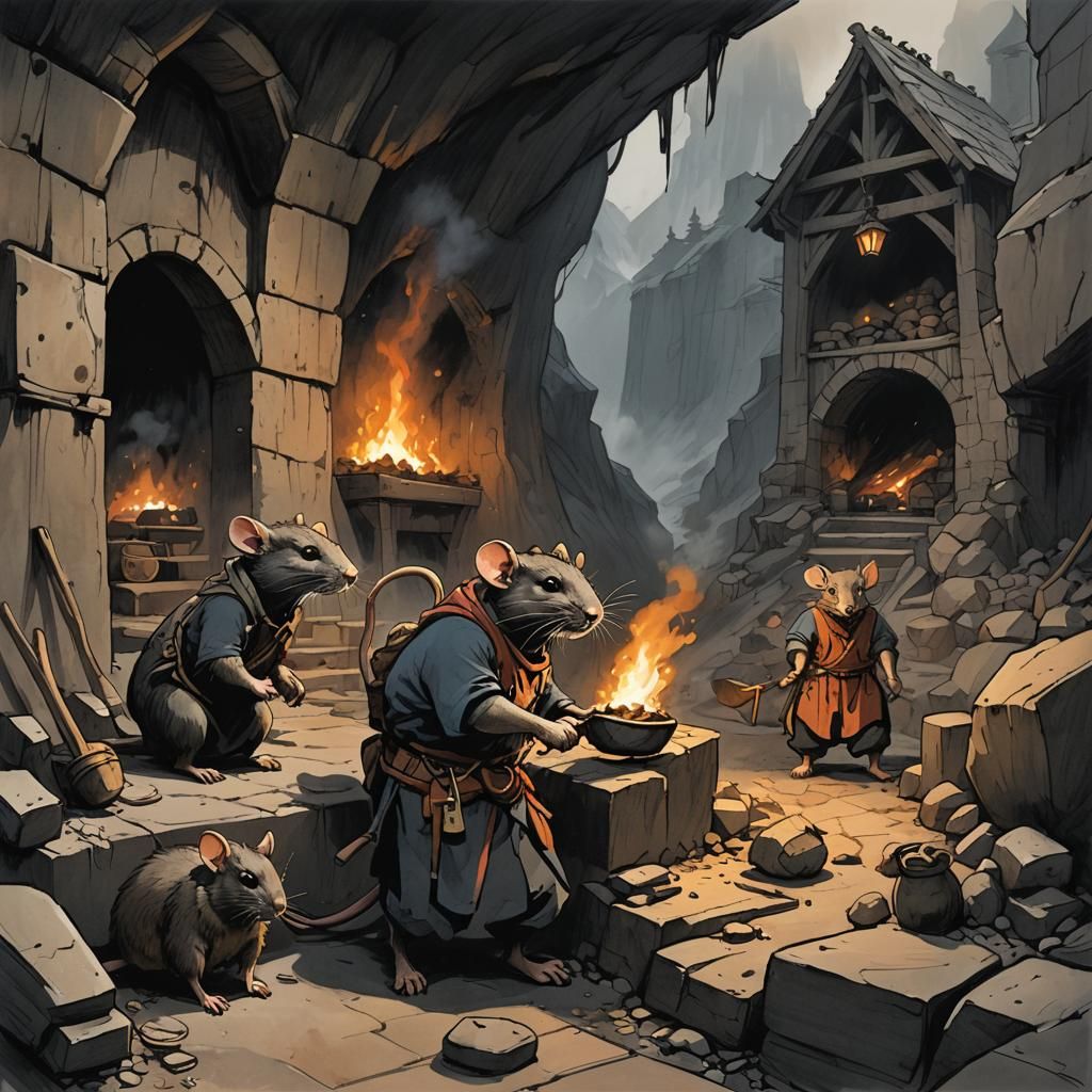 Ominous Redwall-Style Rat Workers at Mountainside Forge