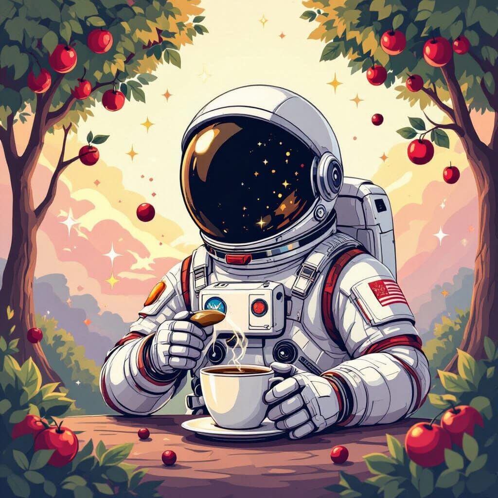 Astronaut Makes Coffee with Floating Beans, Cosmic Glow