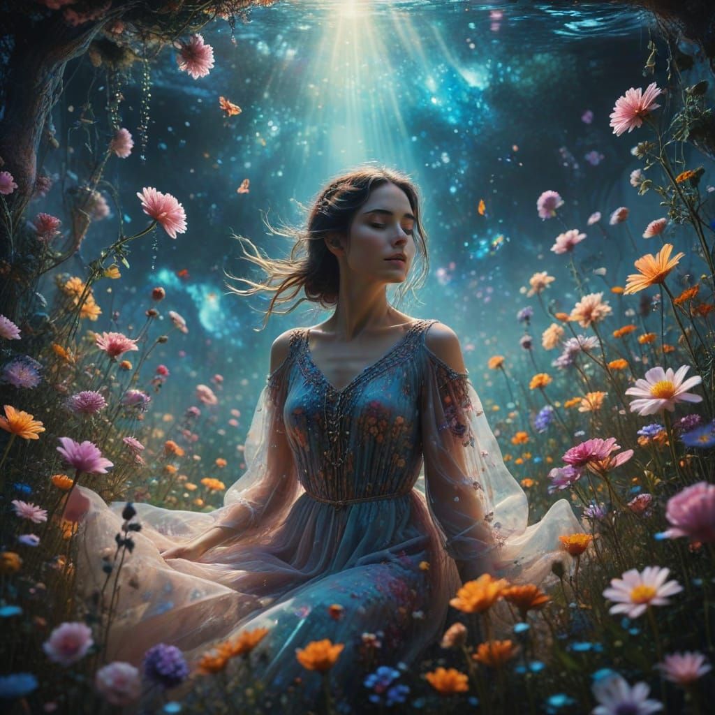 Dreamlike Woman in a Vibrant Floral Oasis