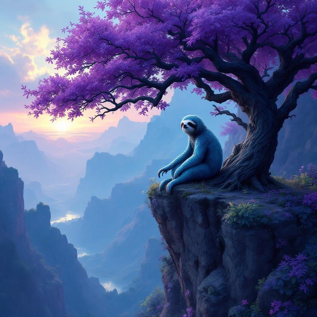 Turquoise and Purple Sloth on Cliff Edge