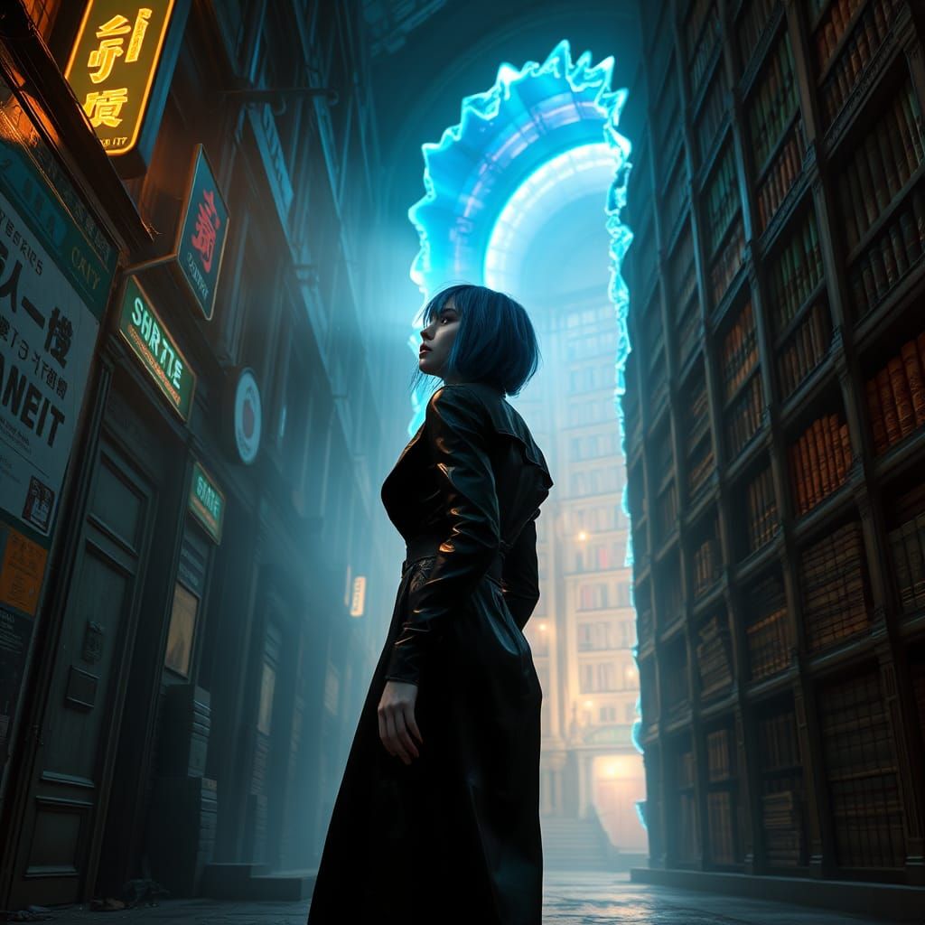 Cyberpunk Woman and Portal to Infinite Library