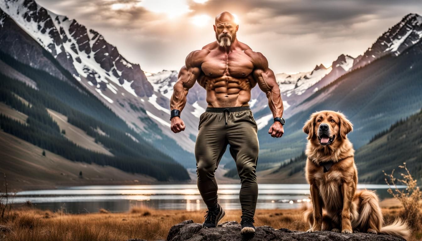 Muscular Bald Hero in Golden Ratio Landscape
