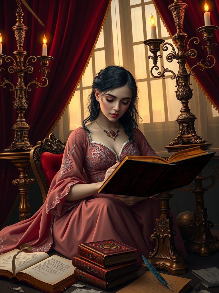 Woman Writing in Baroque Setting, Dutch Master Style