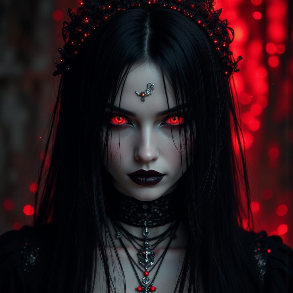 Gothic Vampire Woman with Glowing Red Eyes