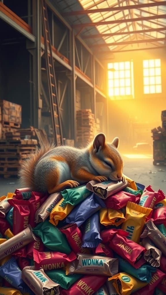 Surreal Squirrel Dreamscape in Wonka-Inspired Art