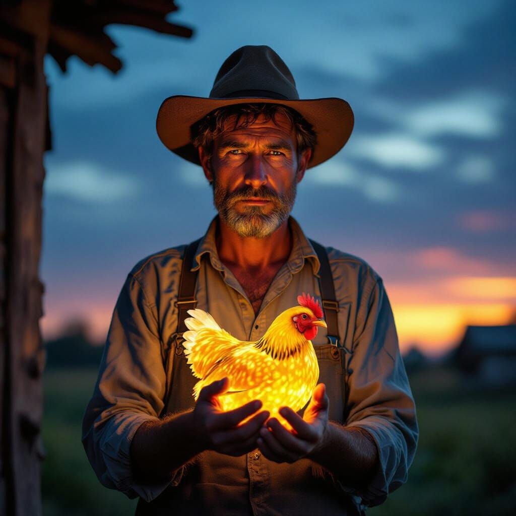 Farmer's Dusk Dilemma: Holding Golden Hen with Conflicted Em...