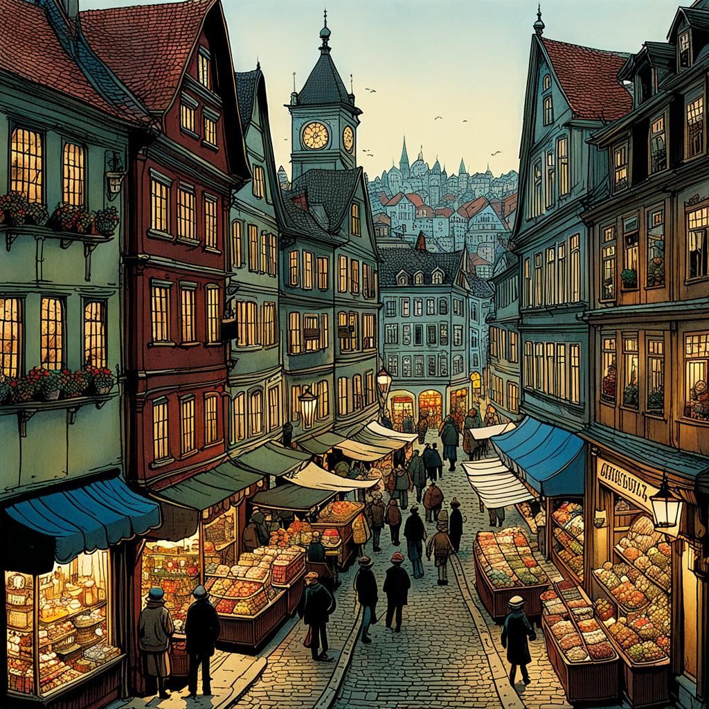 Bustling Market Day in Old Town, Cartoon Style