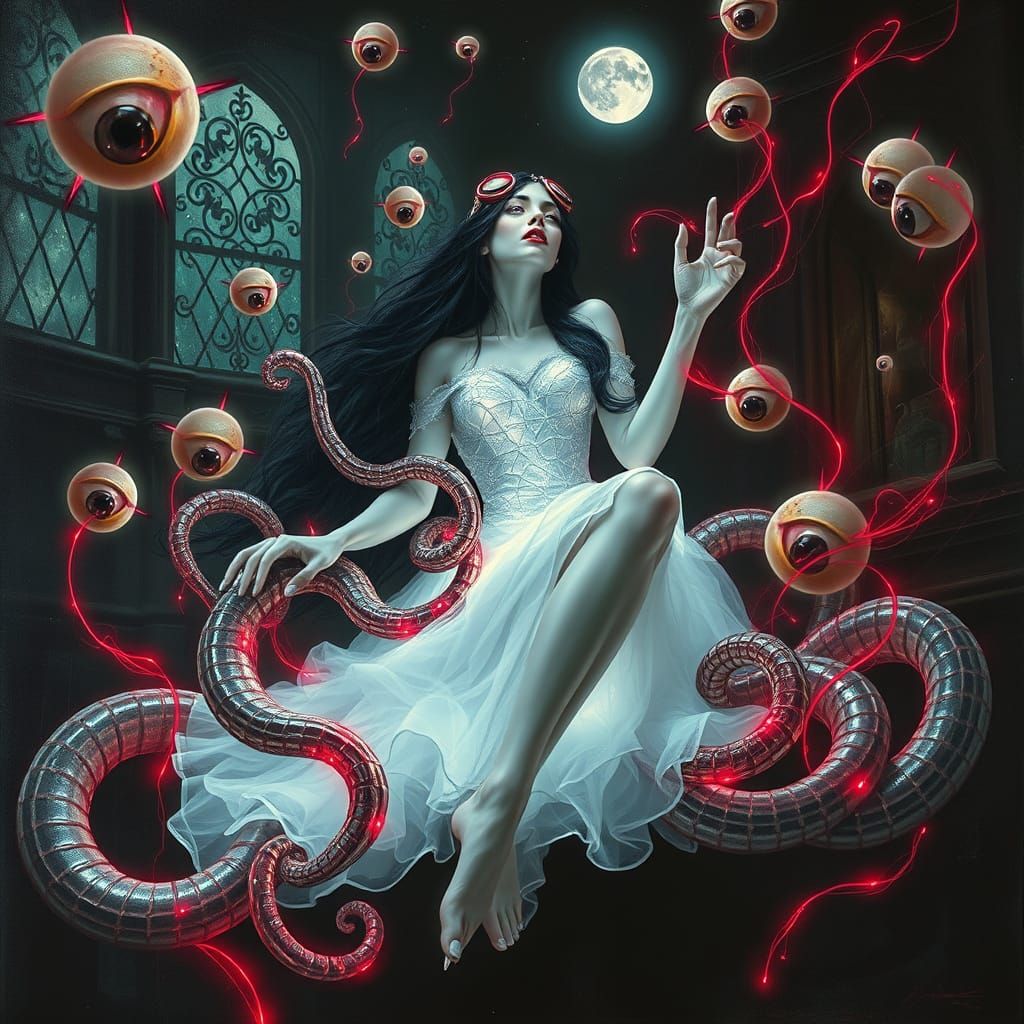 Ethereal Goddess in Shattered Mirror Dress Amidst Macabre Ma...