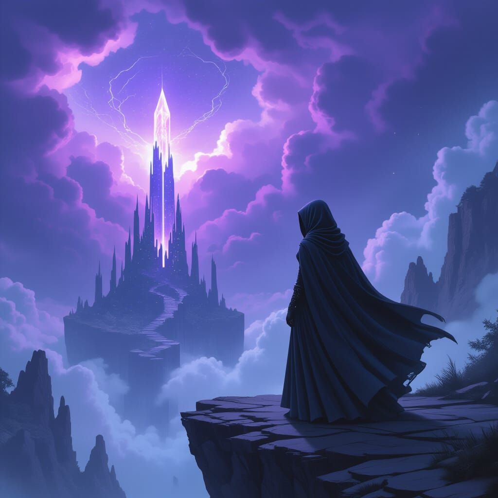 Enchanted Fantasy World: Cloaked Figure in Magical Storm