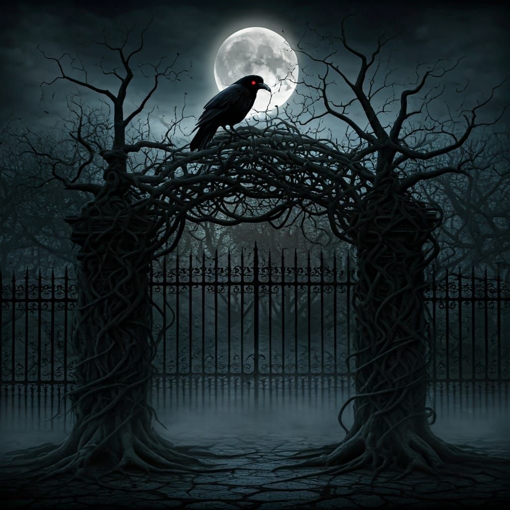 A creepy garden with wrought iron fencing and multiple dark ...