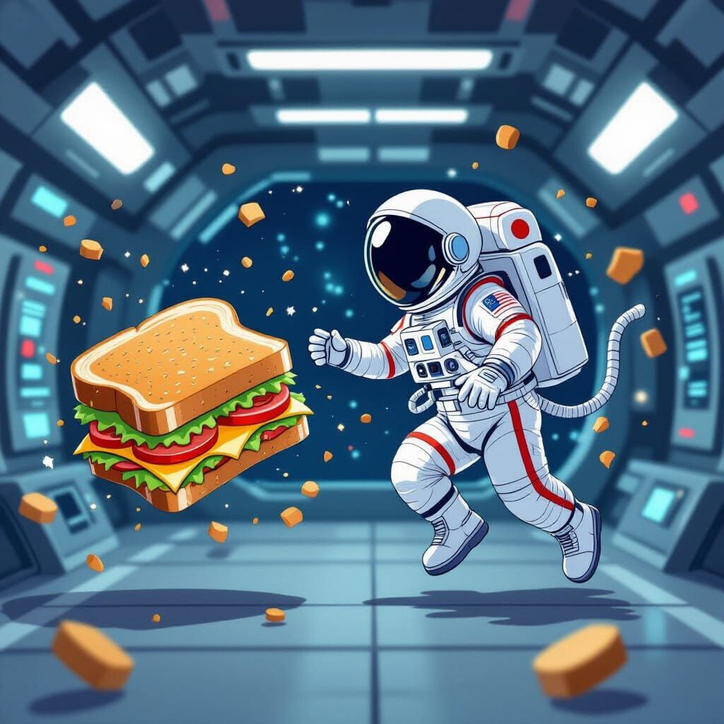 Astronaut Comically Chases Giant Sandwich in Space Station
