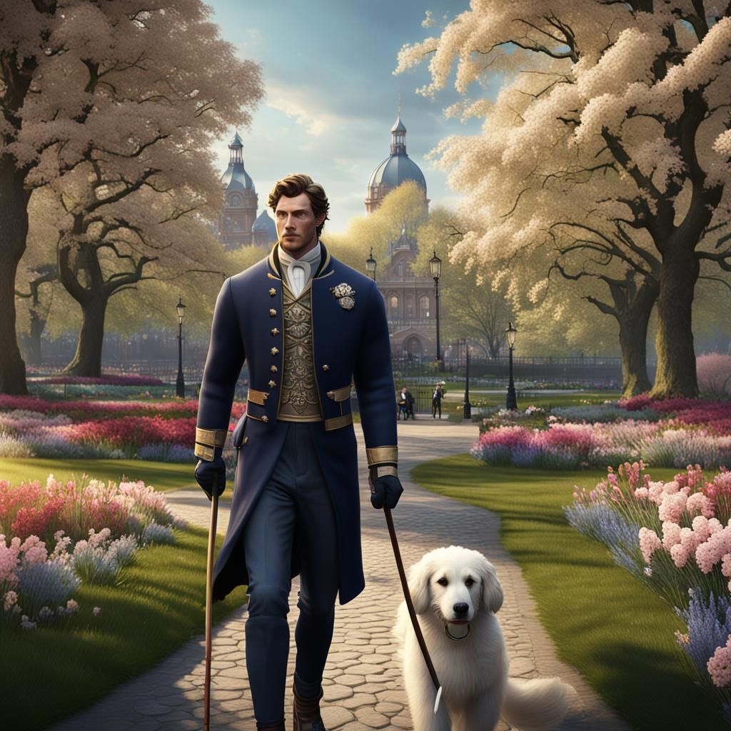 Victorian Gentleman Strolls Through Spring Park