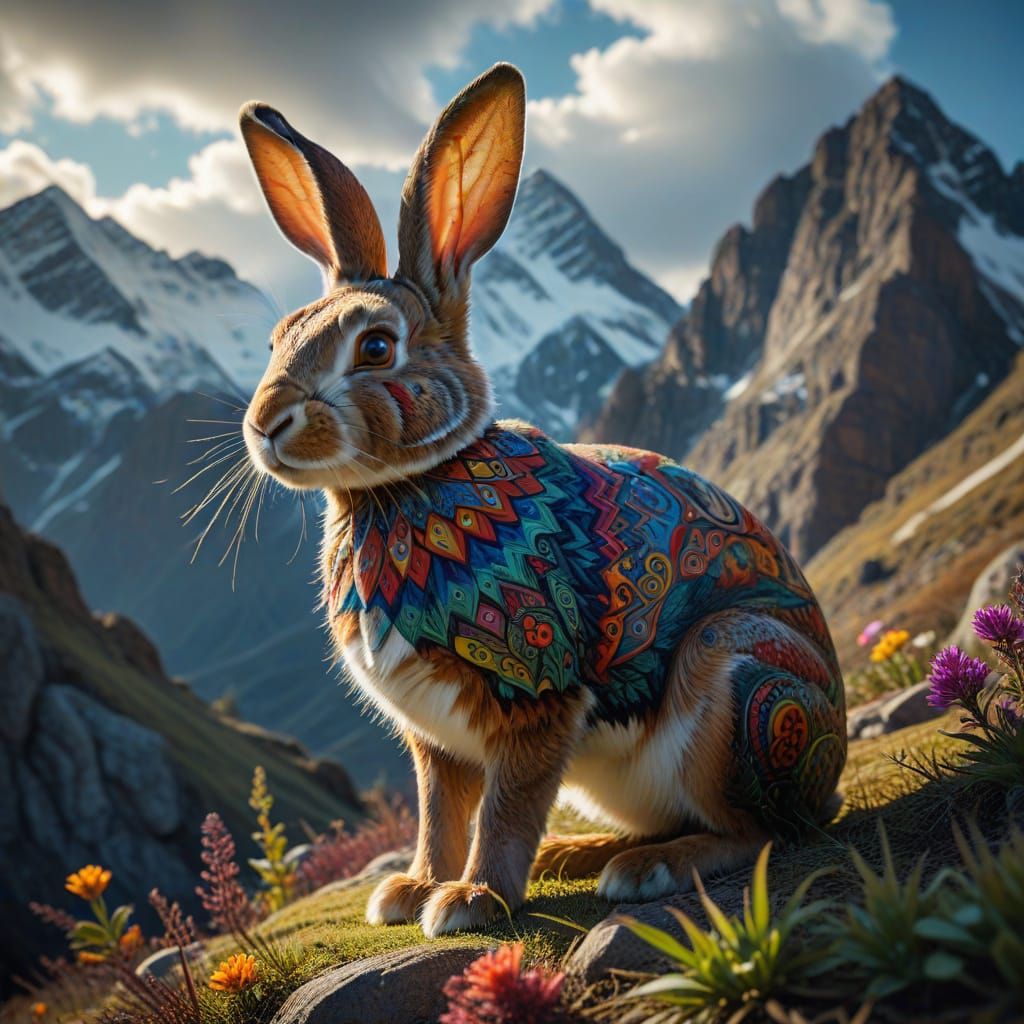Surreal Rabbit in Fantastical Landscape, Low Angle Shot