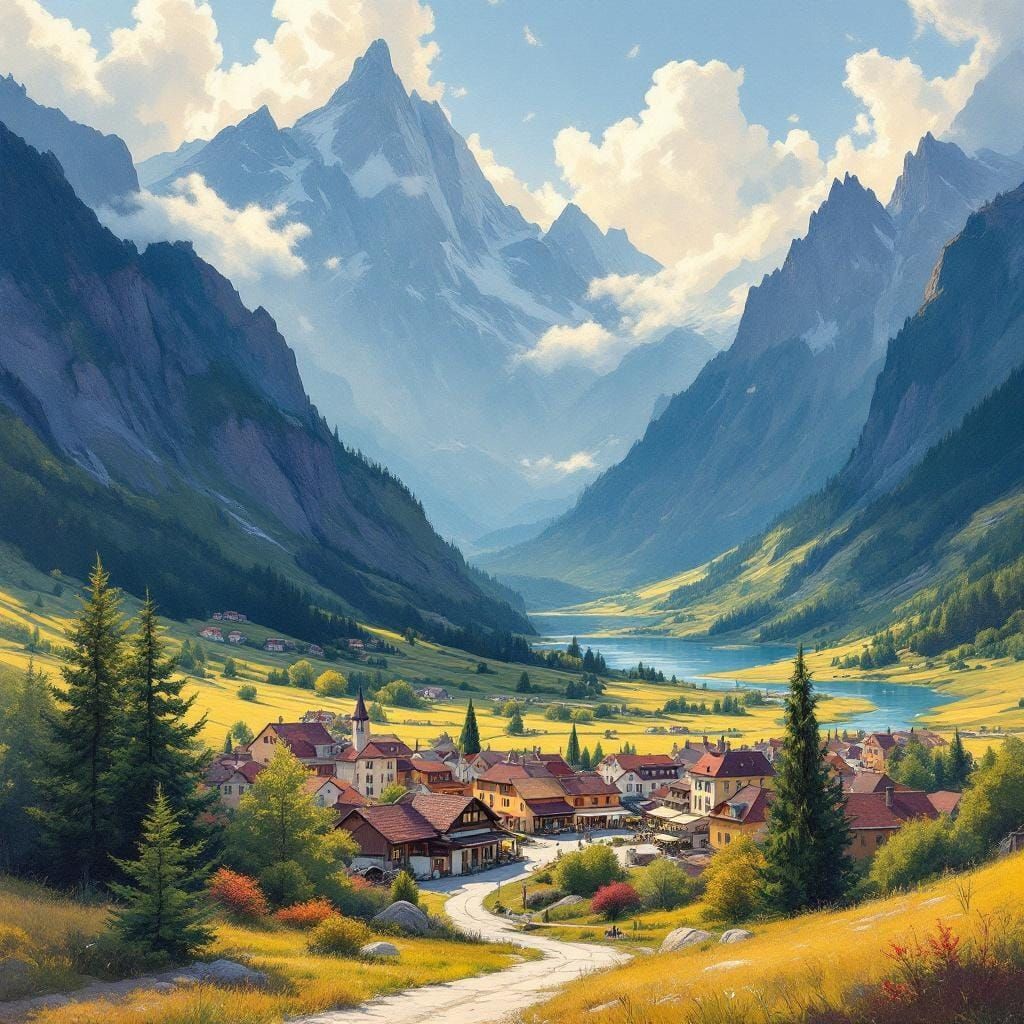 Quaint Village in Valley as Gouache Painting