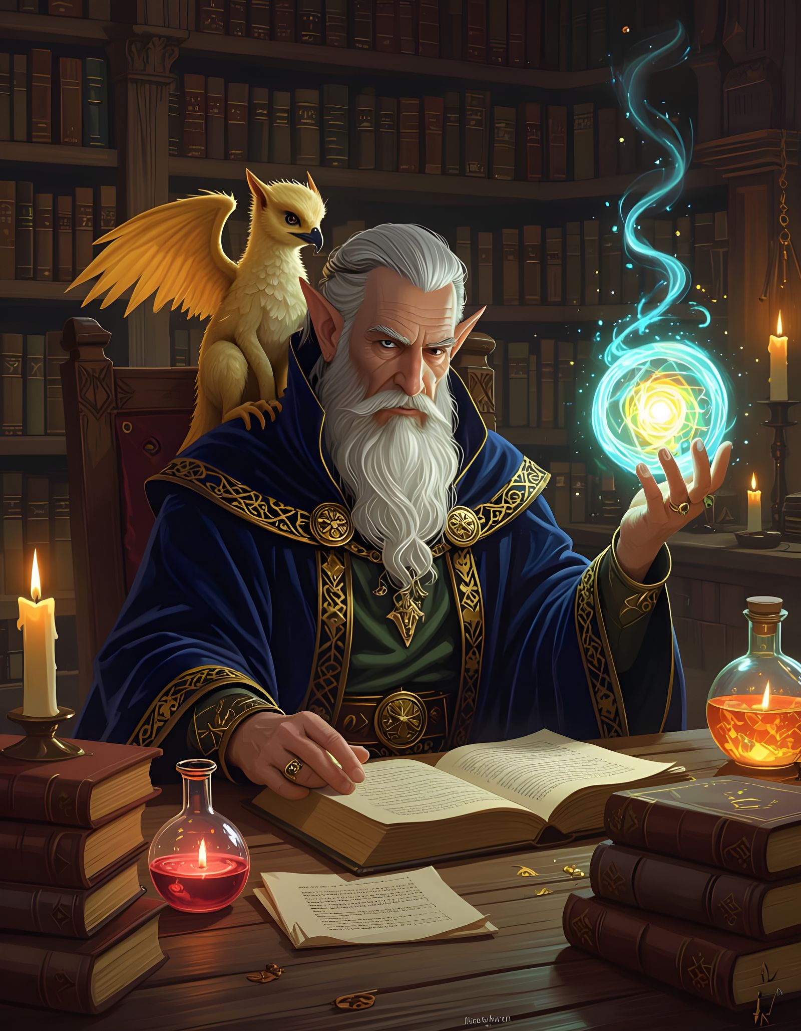 Elven Wizard and Griffin in Cozy Study