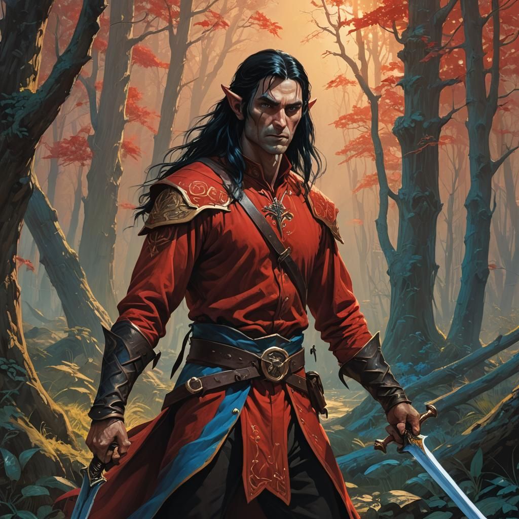 A tall male elf with long black hair and blue eyes, wearing red clothes and holding a sword
