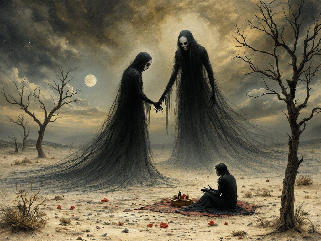 Ethereal Ghosts Haunt Victorian Picnic in Macabre Landscape