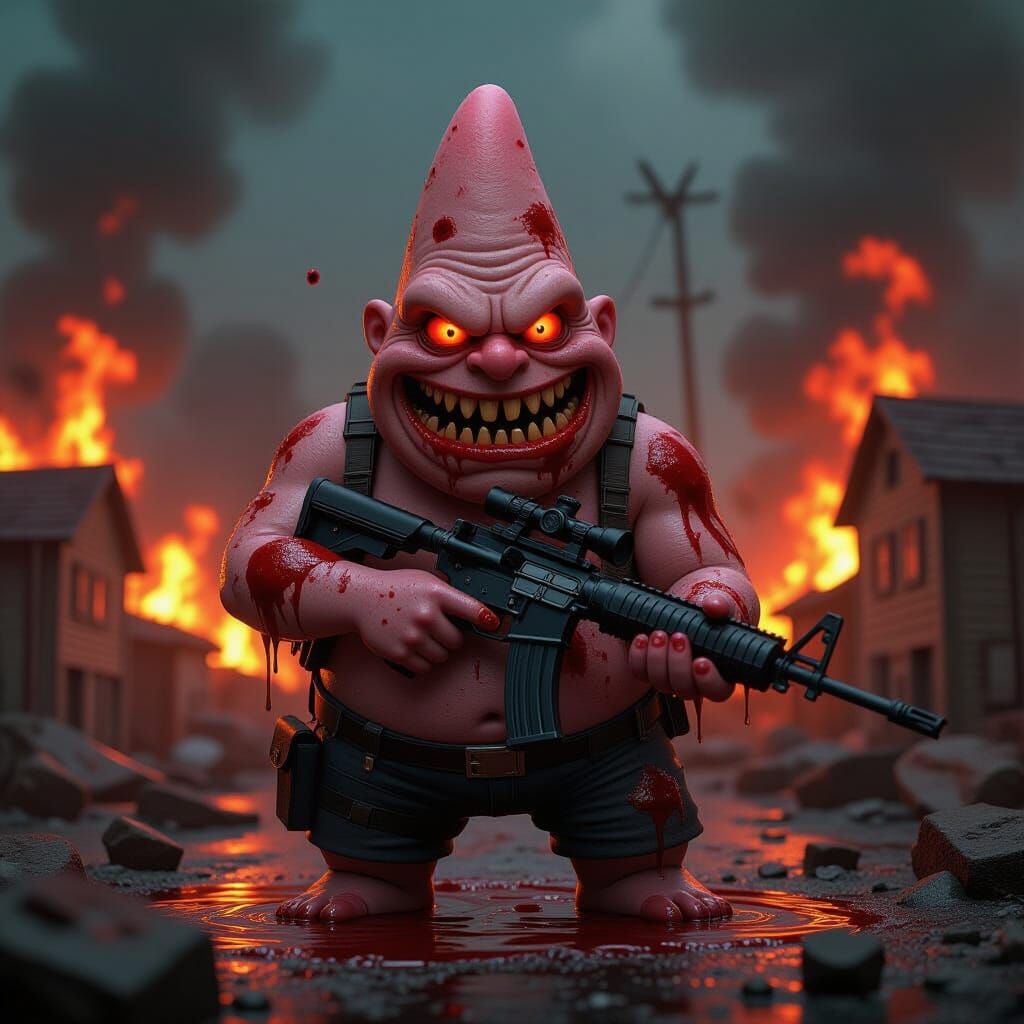 Horror Patrick Star with AK-47 in Fiery Bikini Bottom