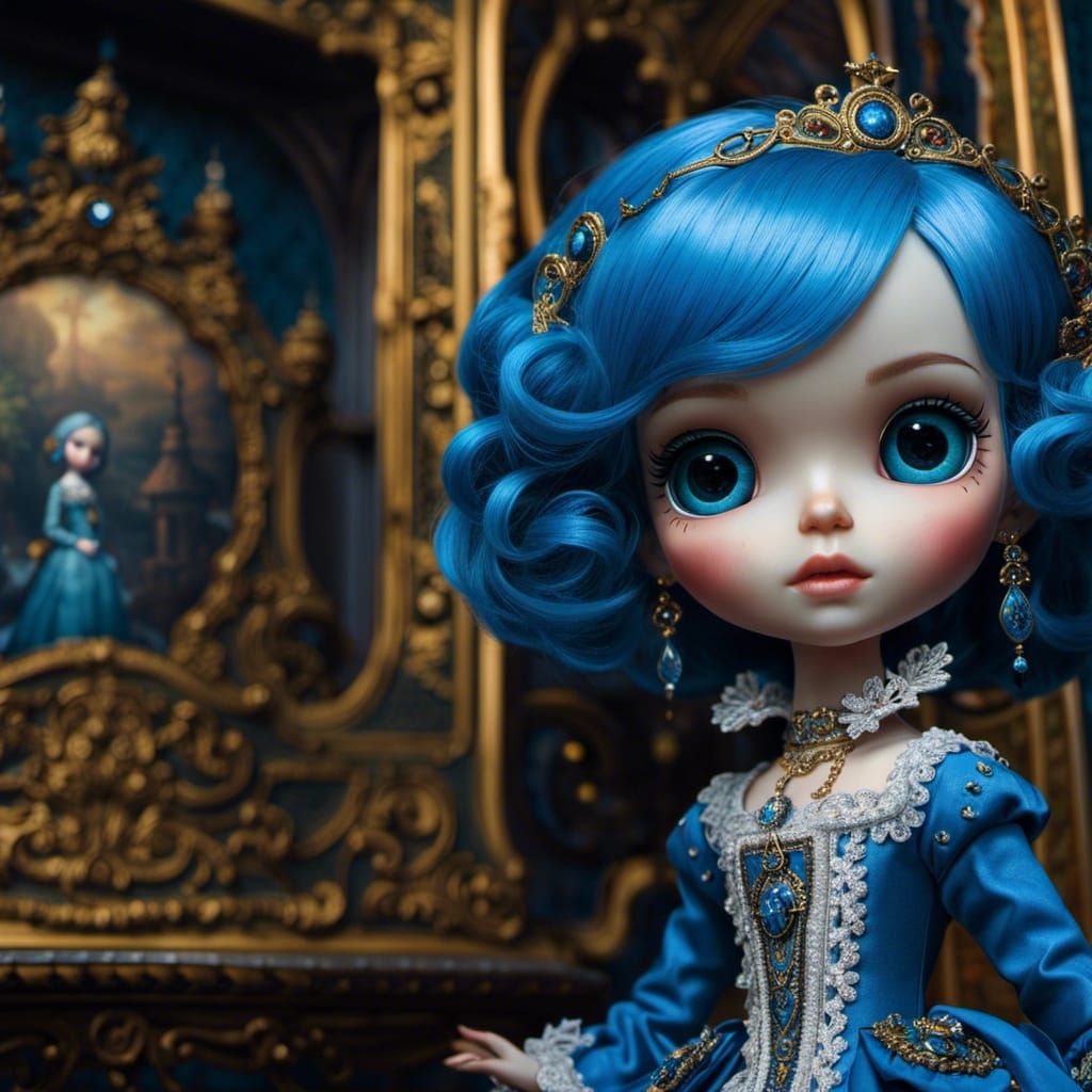 Blue-Haired Blythe Doll in Rococo Castle Room